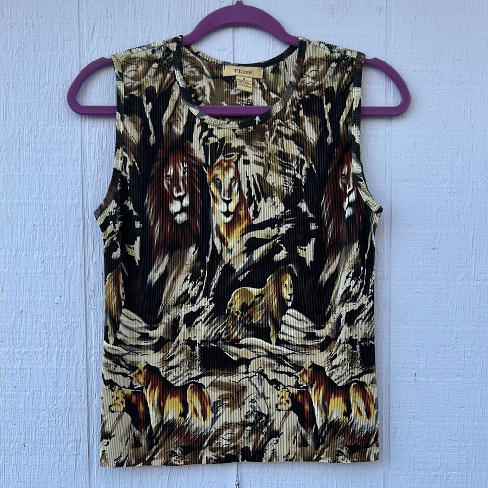 Vintage Plissé Lion Print Pleated Tank Top